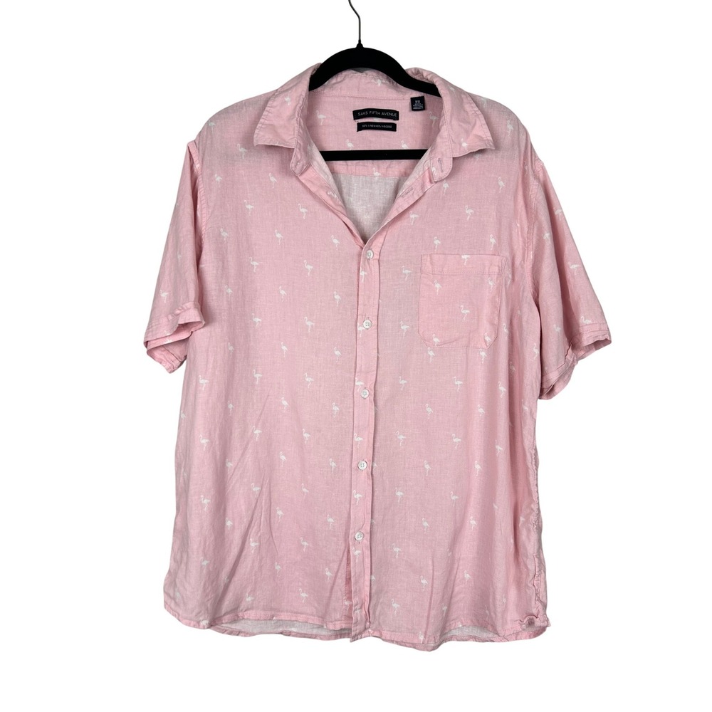 Saks Fifth Avenue Pink Flamingo Linen Blend Short Sleeve Button Up Shirt‎ XL